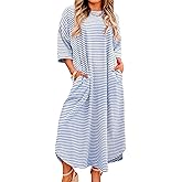 chouyatou Women's Contrast Color Striped T-Shirt Dress Casual Loose Short Sleeve Midi Long Beach Dress