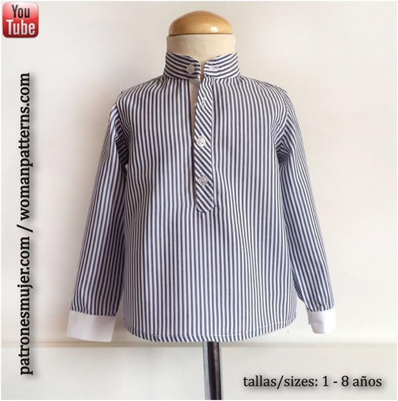 Patrón de costura camisa niño con cuello mao, con vídeo-tutorial para realizarlo. Talla 1 a 8 años. Patrón multitalla en papel.: Amazon.es: Hogar