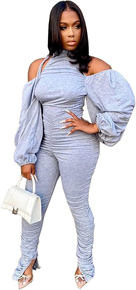 Amazon Co Jp Jqam 女性のジャンプスーツ 秋 冬キャットスーツ オープンバックパフスリーブワンピースロンパース ジャンプスーツal137 Color Gray Size X Large ホーム キッチン