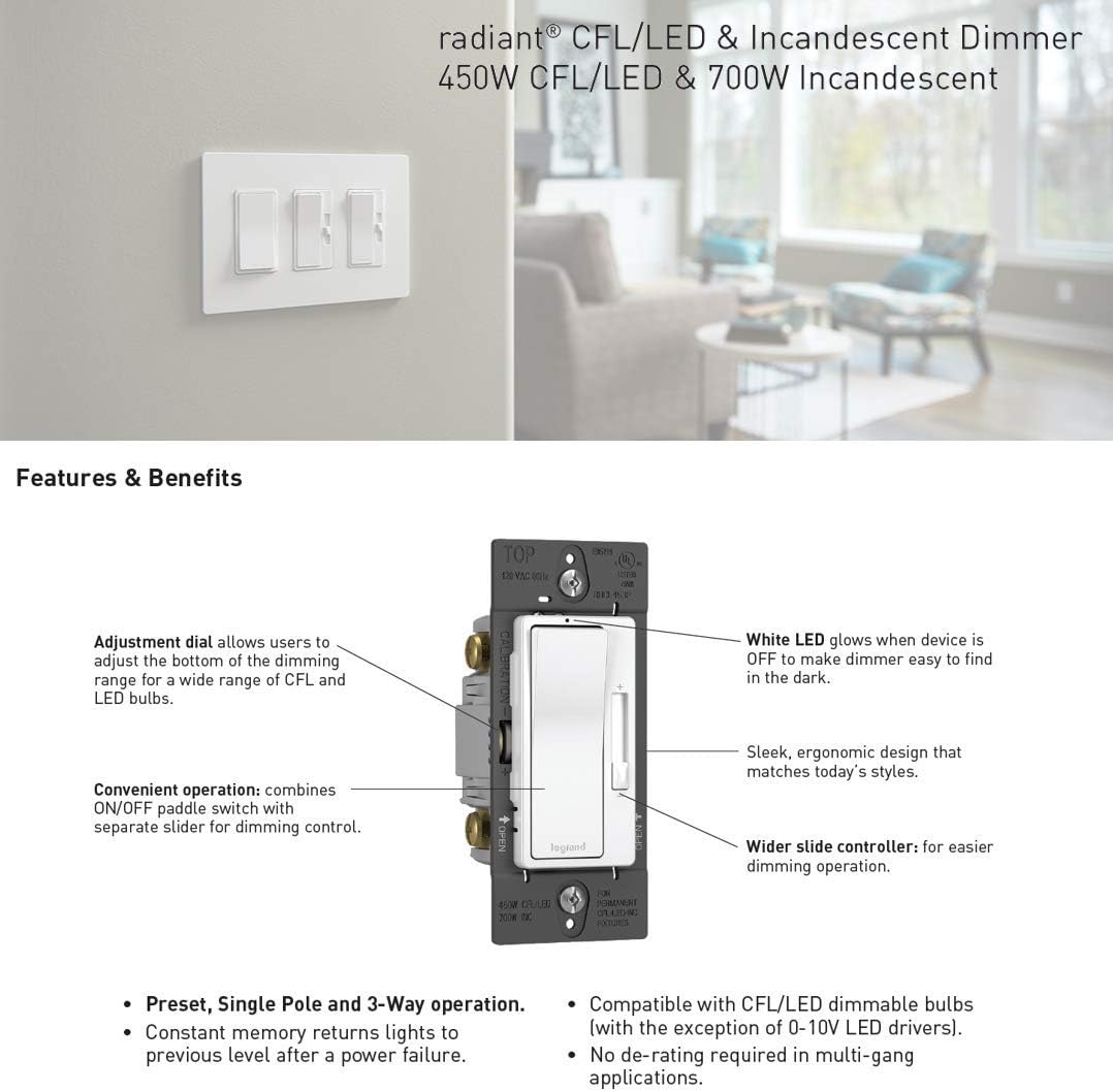 Legrand radiant Dimmer Light Switch, for Dimmable LED Lights, 450W LED and CFL Bulbs - 700W Incandescent & Halogen, Tri Color, RHCL453PTCCCV6 - - 