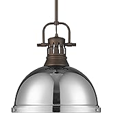 Golden Lighting- Duncan 1-Light Pendant with Rod in Rubbed Bronze with Chrome- Pendant Lights, Ceiling Light Fixture,