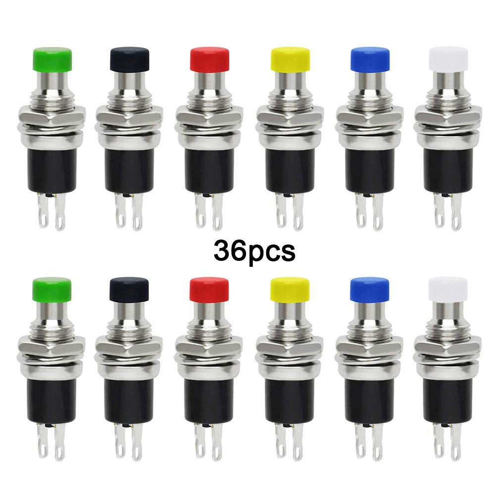QitinDasen 36Pcs Premium 7mm Mini Momentary Push Button Switch Normal Open, ON/Off 2 Pin SPST Round High Head Push Button Switch, Lockless Push Button Switch 1A 250V AC (6 Colors)