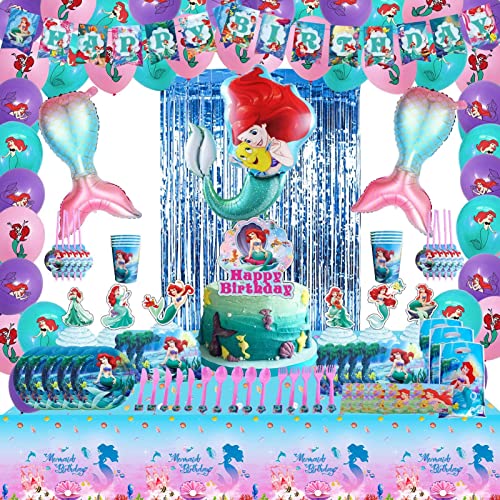 149 Pcs Little Mermaid Party Decorations for 10 Guests Include Banner,Cake Topper,Cupcake Topper,Latex Balloon,Tablecloth,Foil Balloon,Goody Bag, Nvitation Card,Dinner Dlate,Napkin,Tableware,Cup,Straw