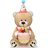 Kasyat 20 Inch Bear Plush with Birthday Cake Adorable Birthday Stuffed Animals Bear Plush Toy Fluffy Brown Plushie for Kids Girls Boys Party Decorations Gift