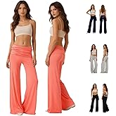 BJUTIR Coral Foldover Pants, Wide Leg High Fold Over Waist Palazzo Lounge Pant,Y2K Corals Pants Fold Over Yoga Leggings