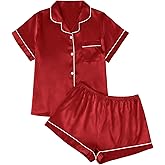 LILLUSORY Silk Satin Pajama Set for Women 2 Piece Lounge Pjs Winter Matching Summer Sleepwear Button Down Shirt Shorts