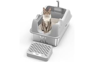 Furkid Enclosed Cat Litter Box Stainless Steel with Lid, XL Extra Large Litter Box for Big Cats, Metal High Sided Litter Box with Scoop, Non-Sticky Anti-Leakage Easy Cleaning Gray
