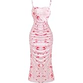 ACOSAP Women's Floral Ruched Bodycon Midi Dress Sleeveless Mesh Fishtail Slip Dresses