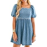POLIRO Denim Dress Babydoll Jean Square Neck Puff Sleeve Casual Country Concert Dresses with Pockets for Women 2026