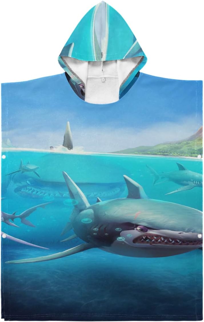 Lajro Towel Robe Hooded Hungry Shark World X iOS Android Shark Poncho Towel Surf Hooded for Bath/Shower/Pool/Swim 1-7 Years Old Kids Bath Robe