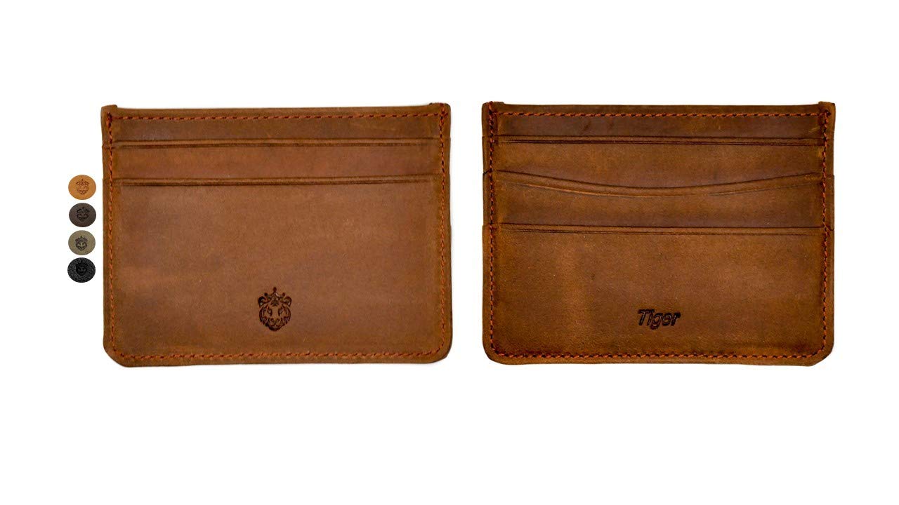 Crown & Tiger Genuine Leather Card Holder Wallet - 5 Pockets Slim Design (Crazy Tobacco)