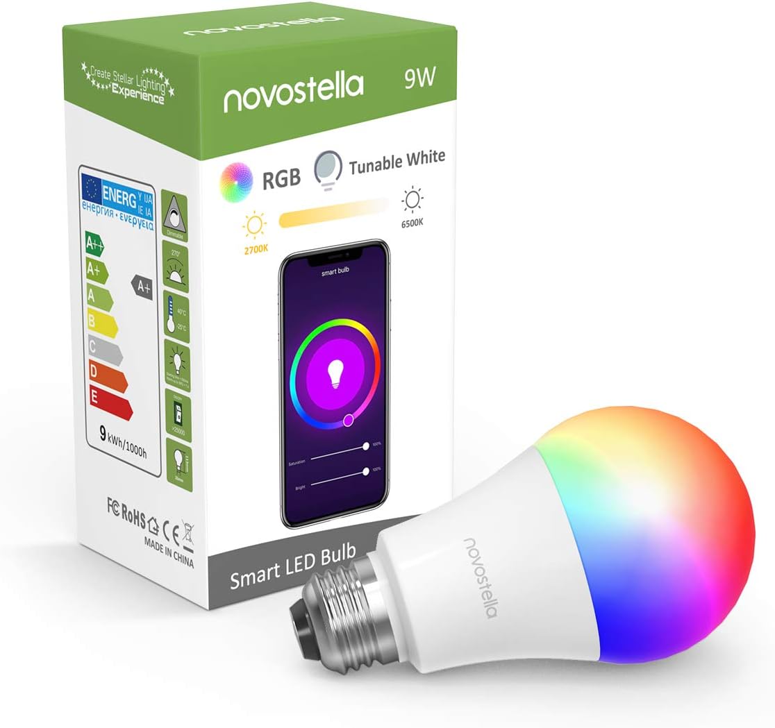 Novostella Smart LED Light Bulb, WiFi Multicolor Bulbs, RGBCW Color Changing 2700K to 6500K Dimmable 9W(75W Equivalent) Compatible with Phone, Google Home and IFTTT, No Hub Required (A19 E26)