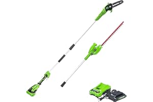 Greenworks 24V 8" Cordless Polesaw + 20" Pole Hedge Trimmer Combo (Great for Pruning and Trimming Branches/Shrubs), 2.0Ah Bat