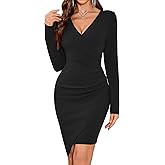 ZAFUL Women 2025 Sexy V Neck Long Sleeve Faux Wrap Dress Sheath Ruched Bodycon Party Work Cocktail Mid Dresses