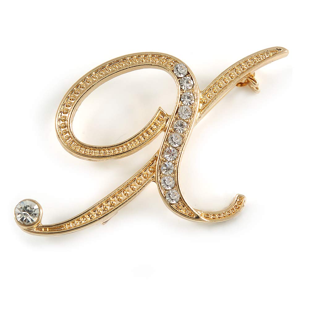 'X' Gold Plated Clear Crystal Letter X Alphabet Initial Brooch Personalised Jewellery Gift - 30mm Tall