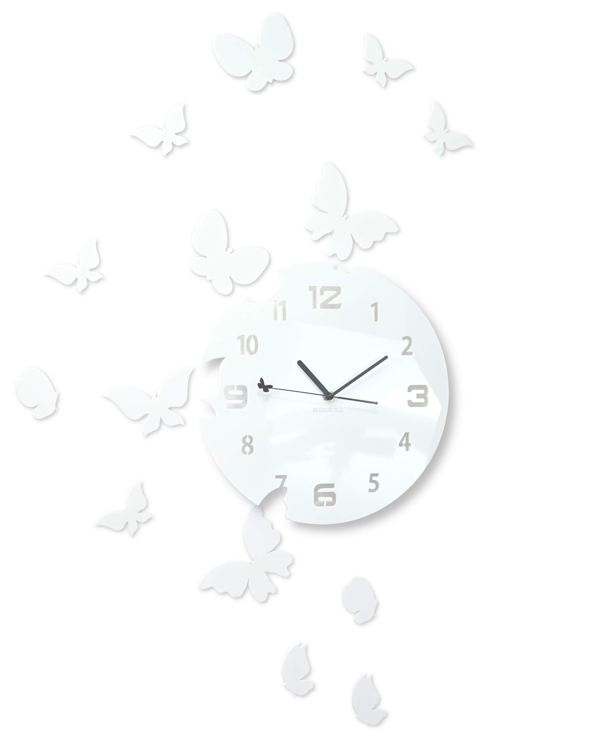 FLEXISTYLE Large Modern Wall Clock Butterfly Round 30 cm 15 Butterflies Living Room Bedroom Children's Room Product Made in the EU (White)