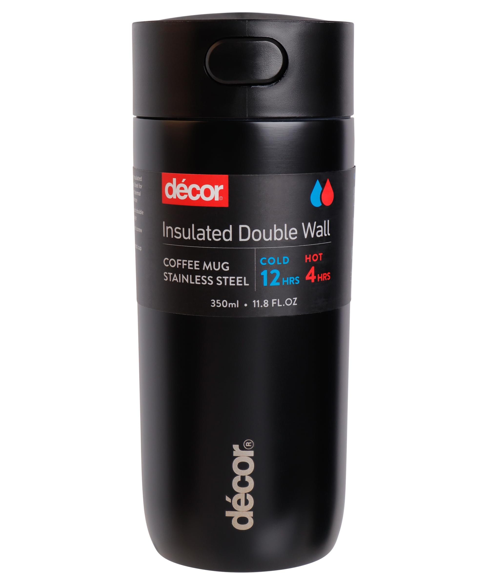 Décor Insulated Cool Touch Double Wall Travel Coffee Cup, Leak Proof Seal and Button Press Release Drink Feature. Vacuum Insulated 4 Hour Hot and 12 Hours Cold. Black 350ml.