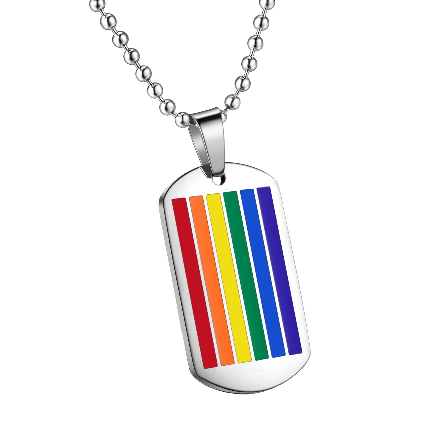 PAURO Mens Stainless Steel Rainbow Gay Lesbian Pride Flag Square Dog Tag Pendant LGBT Necklace