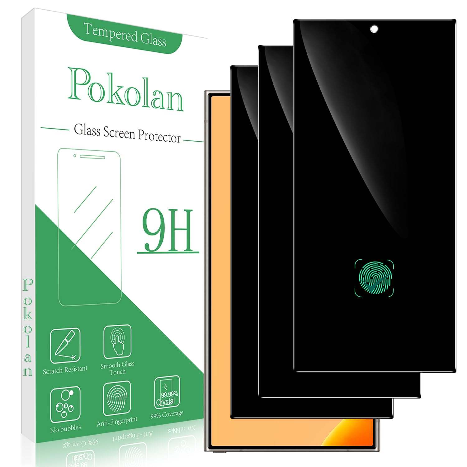 Pokolan 3 Pack Privacy Screen Protector for Samsung Galaxy S24 Ultra, Anti-spy Tempered Glass Film, Fingerprint Unlocking, 9H Hardness, Bubble Free, Case Friendly