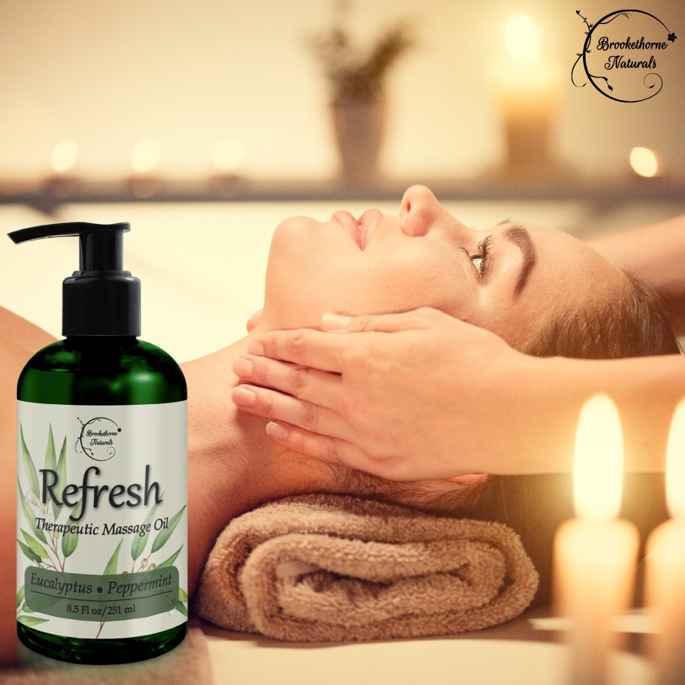 Refresh Massage Oil with Eucalyptus & Peppermint Essential Oils - Great for Massage Therapy. Stress Relief & All Natural Muscle Relaxer. Ideal for Full Body Massage – Nut Free Formula 8.5oz : Beauty