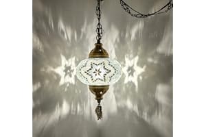 DEMMEX Authentic Turkish Plug in Light, Handmade in Turkey, 6.5" Globe, Turkish Moroccan Mosaic Swag Plug in Ceiling Hanging Pendant Light Fixture, 15ft Cord & Decorated Chain (White Clear)