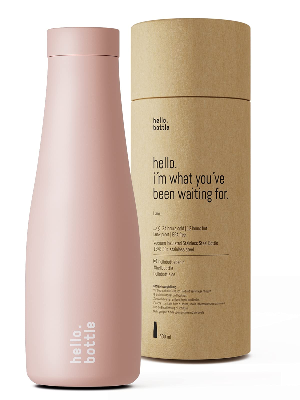 hello.bottle Vacuum Insulated Stainless Steel Water Bottle 500 ml BPA , Leak-Proof, 12 Hours Hot 24 Hours Ice Cold - Soft Touch Feel and Extra Large Opening (Nude)