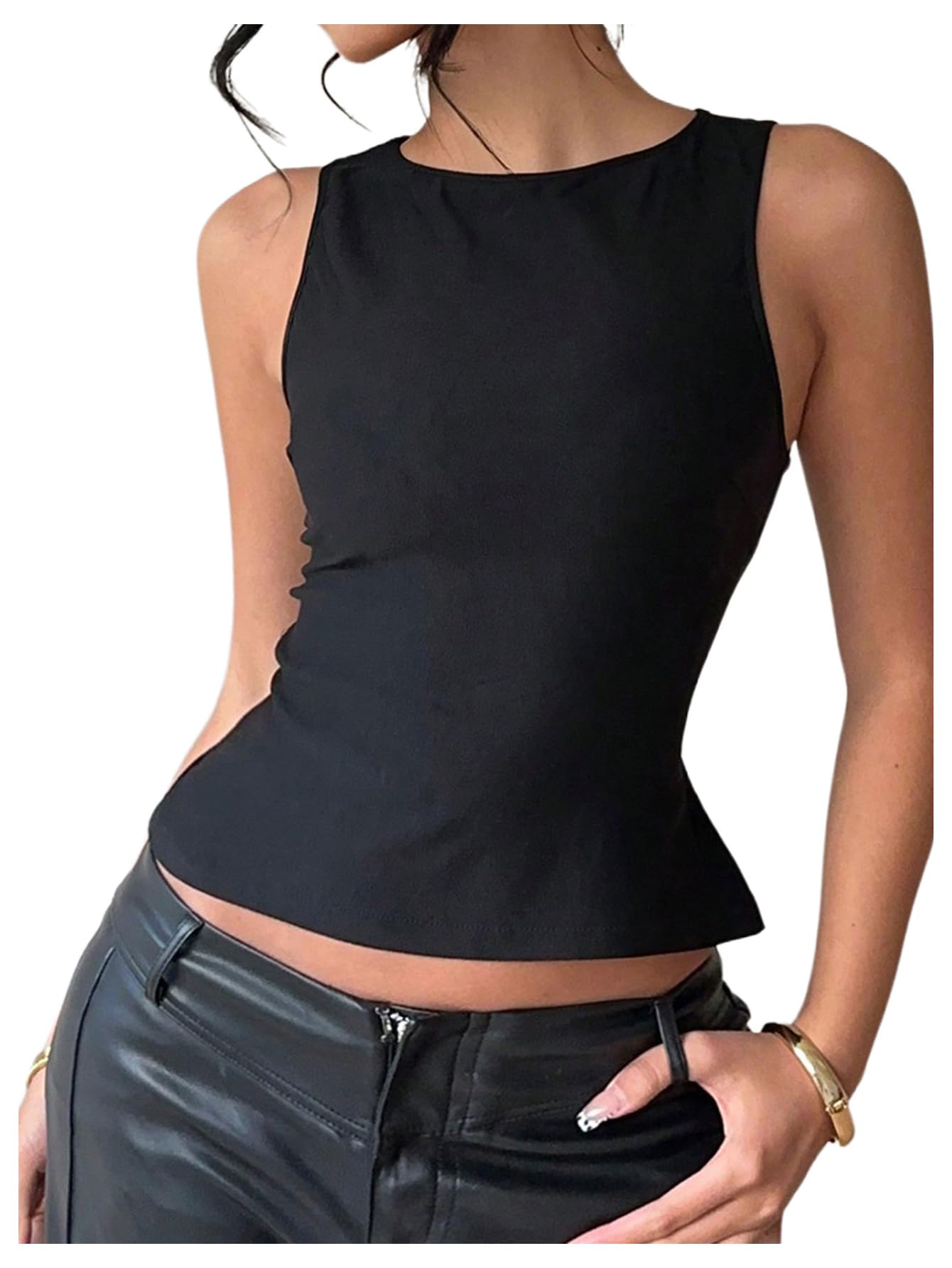 Photo 1 of Milumia Women's Cut Out Bow Back Tie Tank Top Going Out Sleeveless Boat Neck Blouse Black Medium