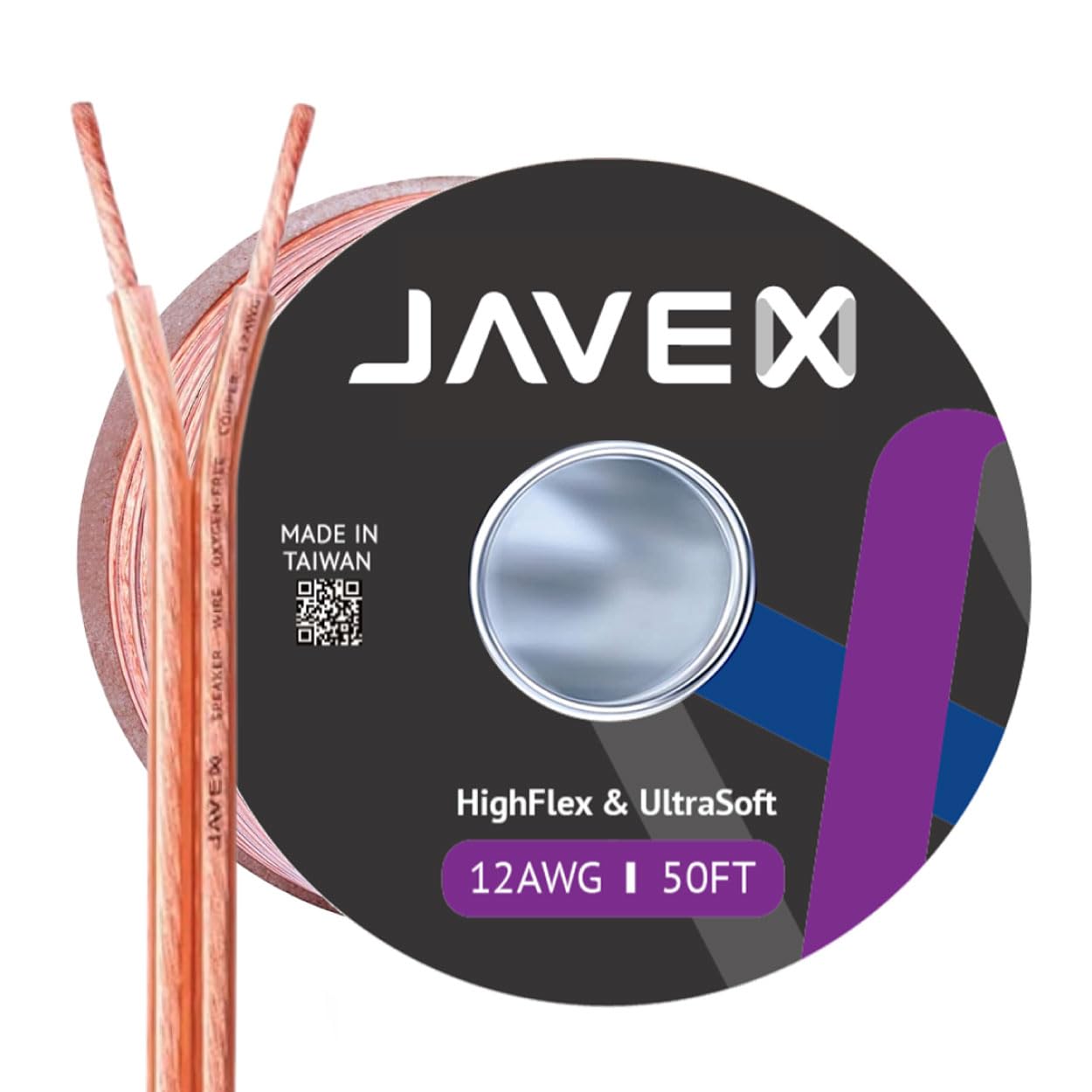 JAVEX Speaker Wire 12-Gauge [3.38mm2][0.16mm Strands Oxygen-Free Copper 99.9%] Stranded Copper, Flat Cable, Cable for Hi-Fi Systems, Amplifiers, AV receivers and Car Audio Systems, 15.25M