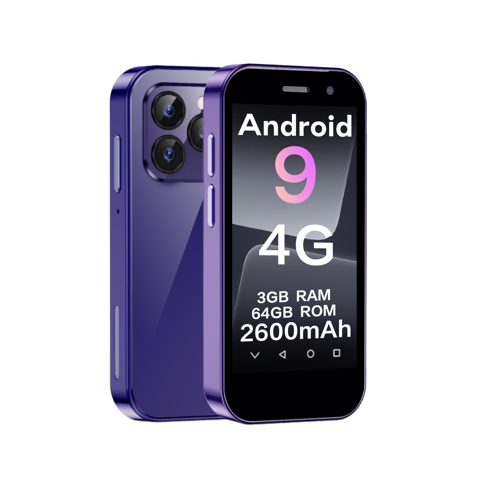 ZOKOE Mini Handy Smartphone für Kinder 3-Zoll-Bildschirm 2000 mAh 3GB RAM 64GB ROM 2.0+5.0MP Gesicht entsperren 4G kein Vertrag Telefon (lila,3GB+64GB)