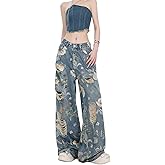 FEUSEUZ Women's Jeans, Women's Retro Floral Print with Holes, Loose Straight Leg Wide Leg Denim Pants, Y2K Jeans