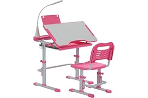 Real Relax Kids Desk and Chair Set, Ergonomic Height Adjustable Children Study Desk with Tilt Desktop, LED Light and Storage 