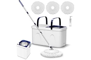 INWEJIA Spin Mop and Bucket with Wringer Set Two-Detachable Bucket Design Mop System, Separate Clean and Dirty Water 360° Spinning Floor Cleaning with 51" Adjustable Handle -3Pads-White+Blue