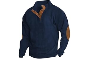 HTHLVMD Mens Corduroy Shirt Button Up Pullover Mock Neck Long Sleeve Sweaters Polo Sweatshirts with Elbow Patches