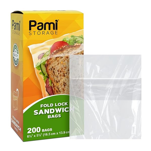 PAMI FOLD TOP SANDWICH BAG [200 PIECES] – DISPOSABLE PLASTIC SANDWICH BAGS WITH FOLD & CLOSE DESIGN- FOOD SANDWICH BAGGIES FOR LUNCH, OFFICE, TRAVELING- GREAT FOR SNACKS, FRUITS & MORE