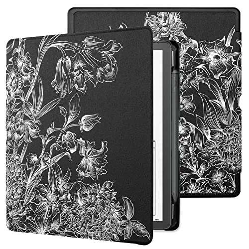 WALNEW Étui de protection en cuir synthétique pour Kindle Scribe 2022 10,2" avec support pour stylo et réveil automatique Motif fleur noire