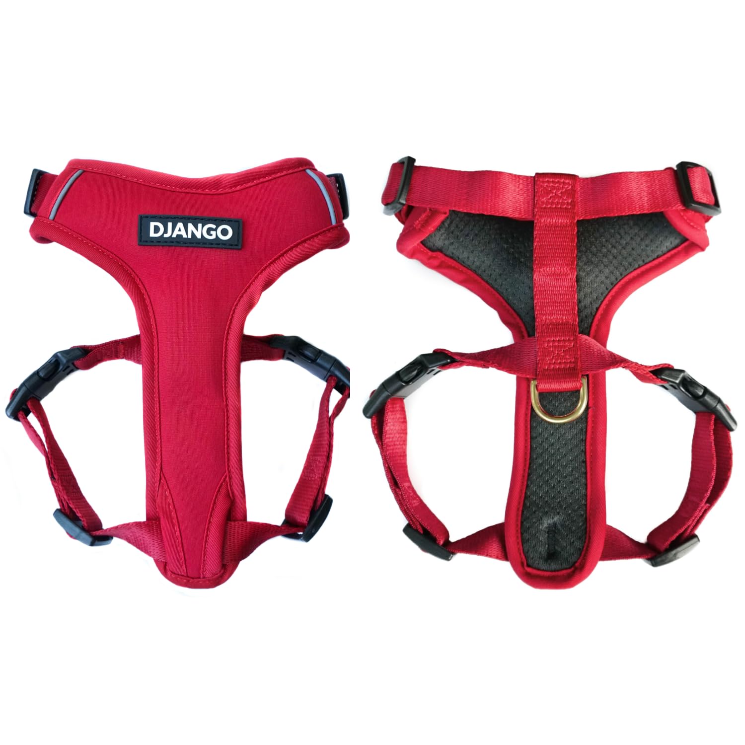 DJANGO Adventure Dog Harness - Stylish and Durable Small Dog Harness for Outdoor Adventures and Everyday Wear - Red Neoprene Adjustable Harness for Dogs with Reflective Piping, Solid Brass D-Ring