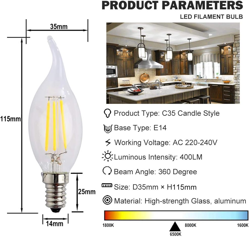 ZFQ Pack of 6 Edison LED Bulb E14 C35 Led Filament Lamp for Chandelier Retrofit Classic, 4W, 400 Lumens, Cool White 6500K - Image 4