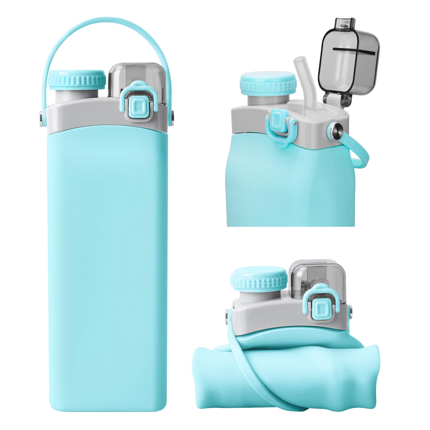 Nefeeko Collapsible Water Bottles, 600ml Silicone Reusable Water Bottle with Straw and Strap, Leakproof Foldable Sports Water Bottle for Travel Camping Running Hiking Gym, BPA Free (Blue)