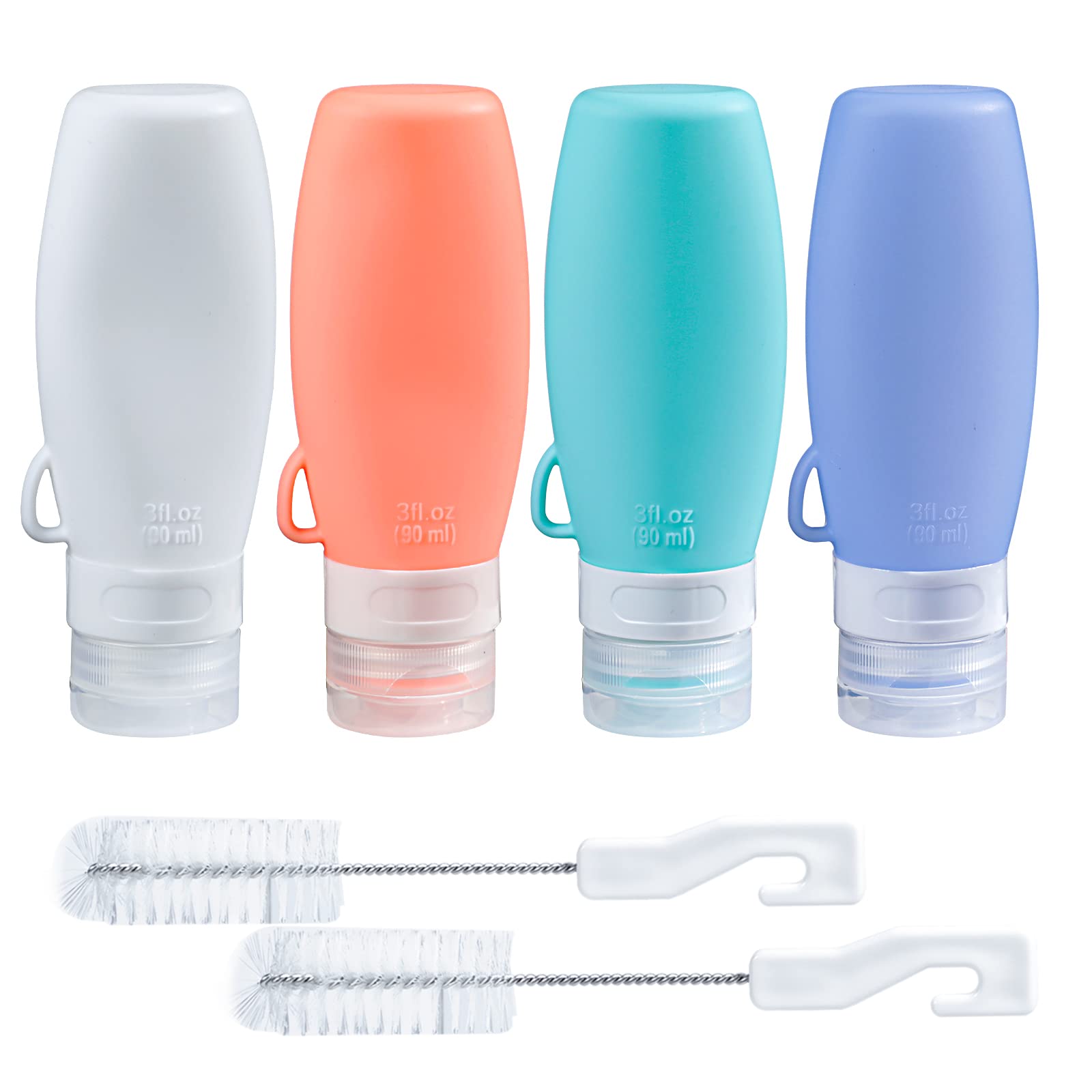 webake Silicone Travel Bottle Salad Dressing Bottles 4 Pack 90ml Squeeze Portable Salad Dressing Container to Go Bottles with Cleaning Brush Sauce Condiment Storage Bottle