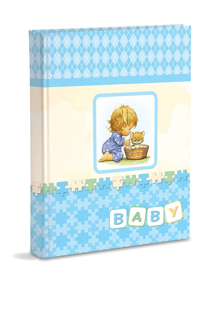 Birth Photo Album in Fabric 23 x 30 cm 56 White Pages and 4 PPG Personalised Diary in Thick and Durable Cardboard Intervaled with Pergamin, Light Blue