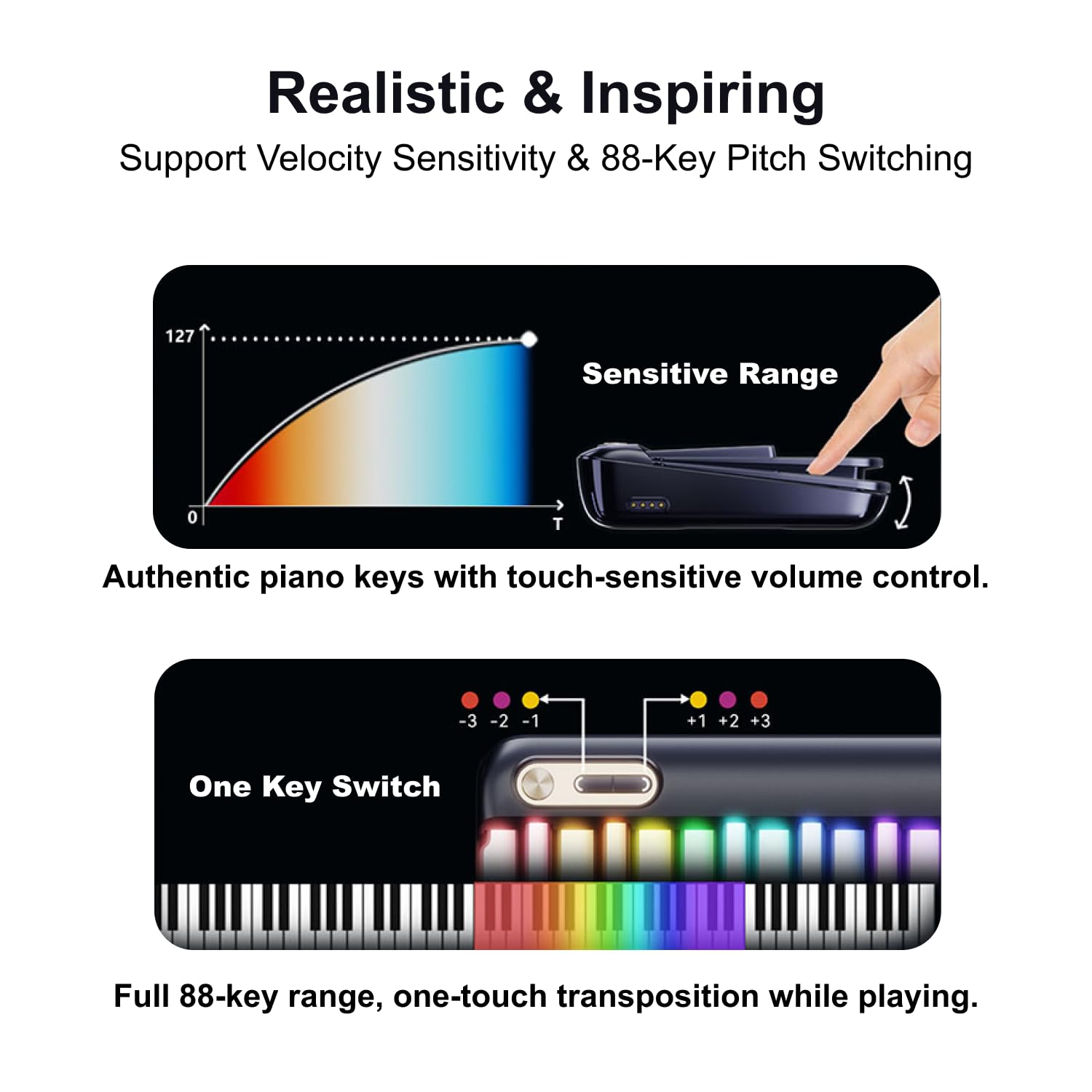 PopuPiano Portable Smart Piano Keyboard with Rainbow Light Keys, Interactive Lessons, MIDI, Expandable Keys, 100+ Chords, 256+ Tones, Visual Game Exercises - for Phone/PC/Tablet/Speaker