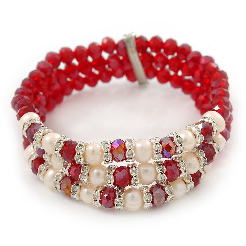Avalaya 3 Strand Red Glass Bead White Freshwater Pearl Stretch Bracelet/ 19cm L/Size M