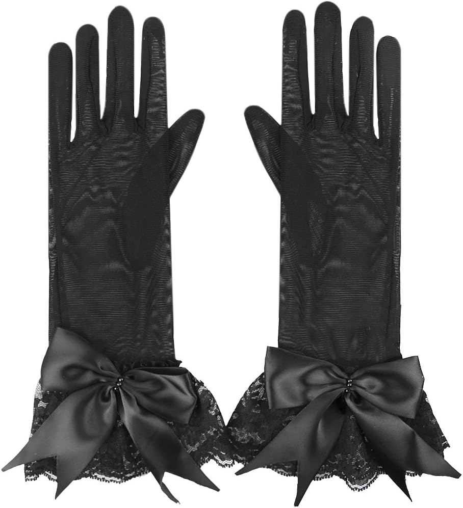 Women Sexy Tulle Lace Bowknot Short Bridesmaid Bridal Wedding Gloves Evening Prom Halloween Fancy Dress Party Costume Gloves Black