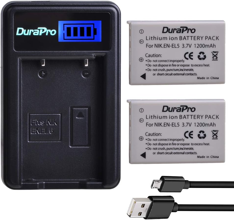 DuraPro 2Pc EN-EL5 EN EL5 Battery + LCD USB Charger for Nikon EN-EL5 Battery; NIKON Coolpix P530, P520, P510, P100, P500