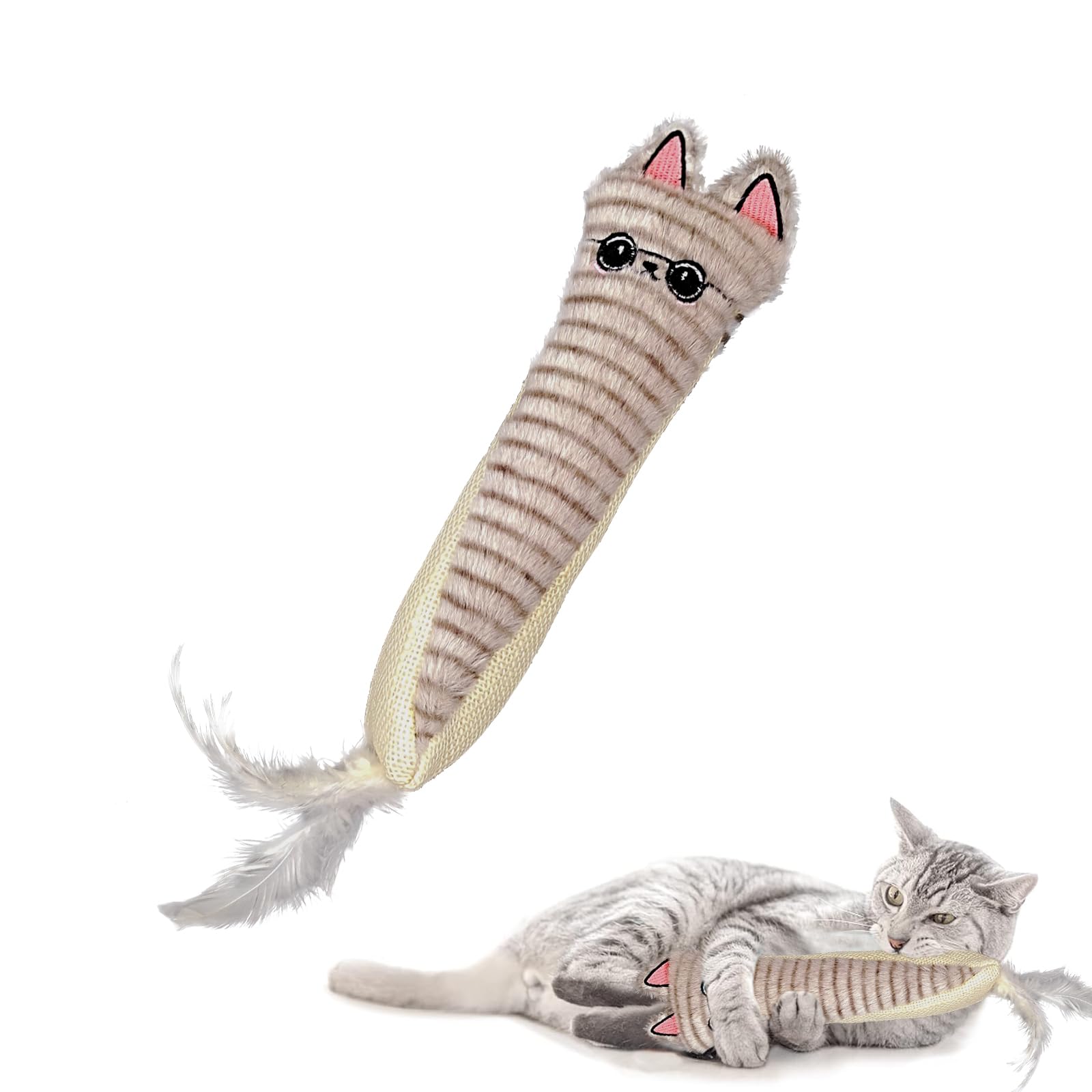 Andiker Cat Toys for Indoor Cats,10.24in Plush Catnip Toy with Crinkle Paper Inside,Fluffy Interactive Cat Toy with Feather and 2 Sisal Scratchers for Biting, Chewing(Grey)