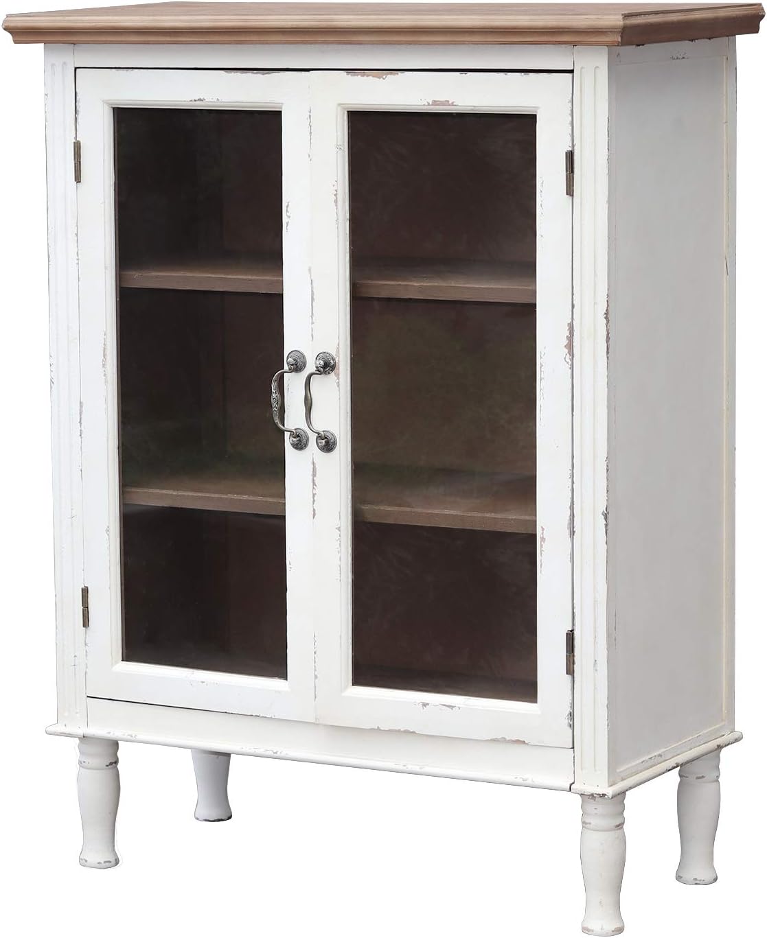 Farmhouse Wood Cabinet with 2 Glass Doors and 3 Shelves, Distressed White and Natural Wood Storage Cabinet for Kitchen, Dinning Room, Bathroom, Vintage Wood Furniture, 33 1/8 x 15 1/2 x 42 3/4 Inches