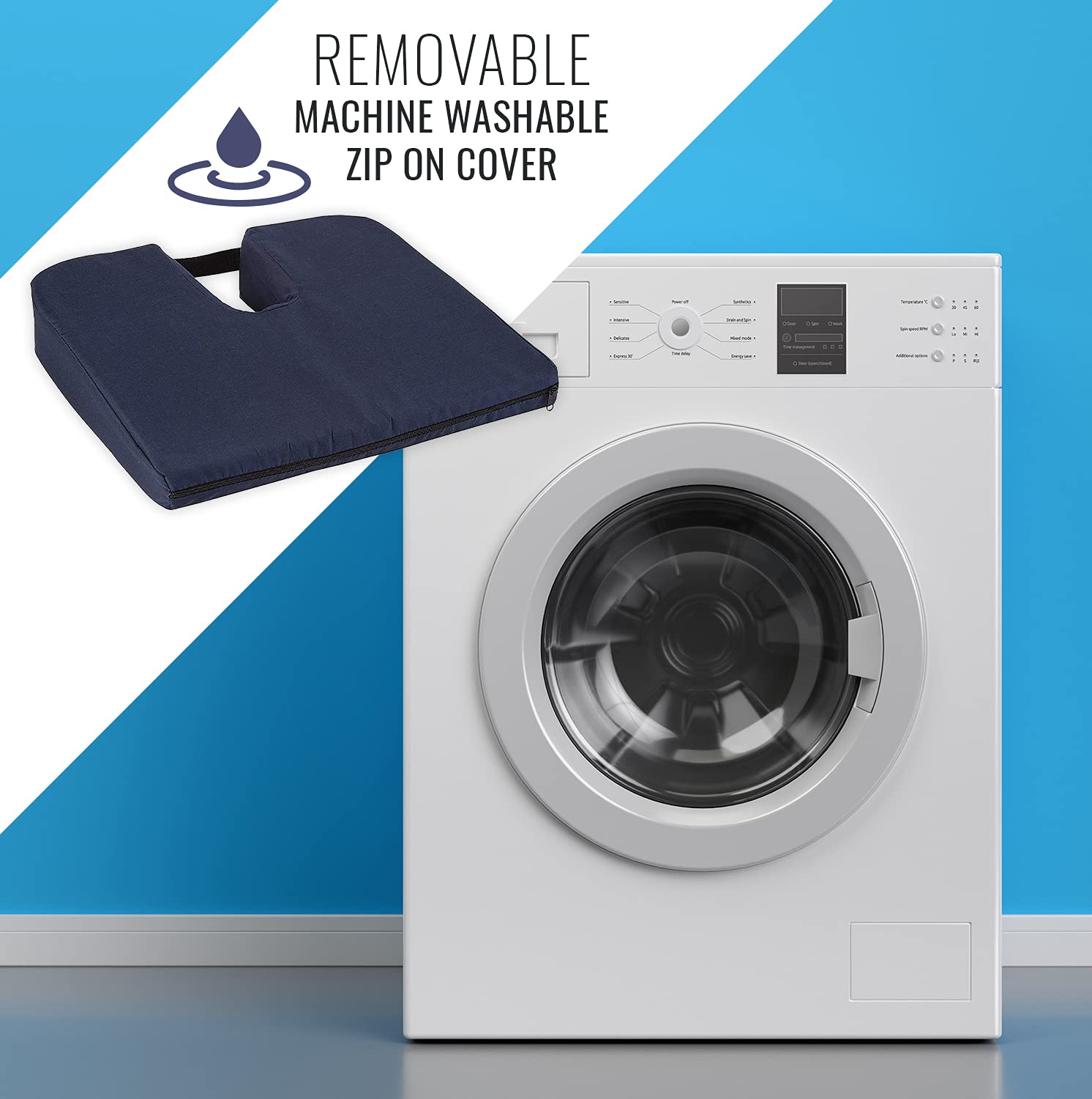 DMI Gradual Slope Seat Cushion for Coccyx, Sciatica and Tailbone Pain Used With Dining Room Chairs, Desk Chairs, Thin Car or Wheelchair Cushions, Machine Washable-Cover, 15 Inch, Navy