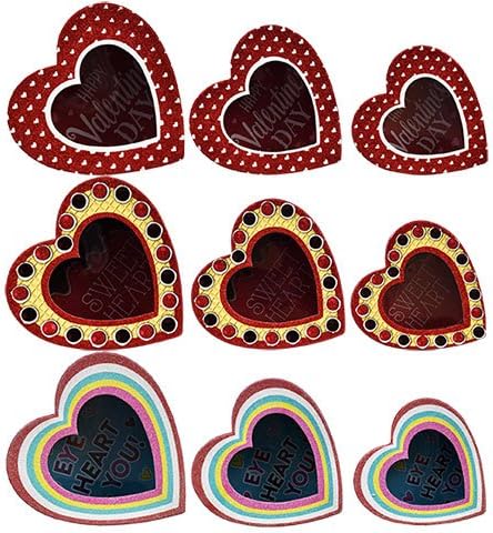 Valentine's Day Heart-Shaped Nesting Gift Boxes with Window Lids Assorted Among 3 different sizes (6.125x6.125x2.75 in, 5.375x5.375x2.375 in, and 4.5x4.5x2 in.) and the 3 different designs shown - 9ct
