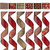 Alonsoo Wired Christmas Burlap Ribbon, Holiday Christmas Design Decorations Wrapping Ribbons Assorted Classic Rustic Fabric Handcraft Gift, 36 Yards (6 Roll x 6 yd) by 2.5 inch, Red/Green