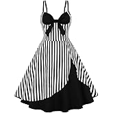 Women Spaghetti Straps 50s Vintage Stripes Cocktail Party Swing Dress Sleeveless Color Block Retro 1950s Audrey Hepburn Rockabilly Prom Tea Dress Wedding Fit Flare A Line Midi Dress Black-Stripes S